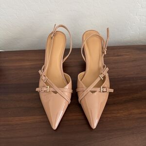 Nude Patent Pointed Toe Slingback Heels